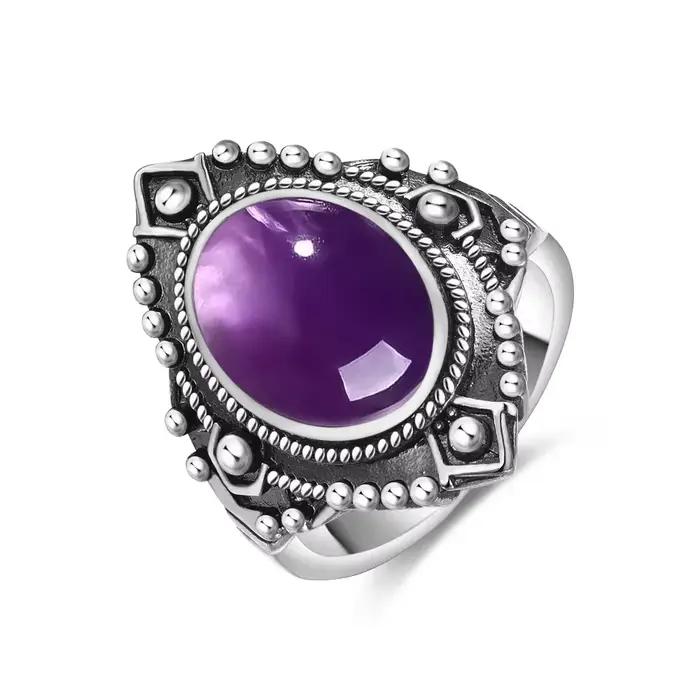 Bague Vintage en argent Sterling S925, ovale, ronde, améthyste naturelle, en forme de soleil et de fleur, bijoux fins rétro pour femmes et hommes