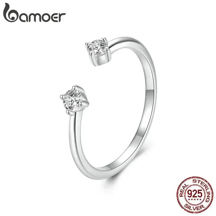 BAMOER Moissanite plaqué or blanc bague réglable en argent Sterling 925 empilable 4 griffes anneau ouvert pour les femmes cadeau minimaliste