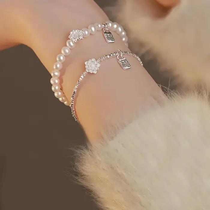 Bracelet en argent regardé 925 avec perle et fleur pour femme