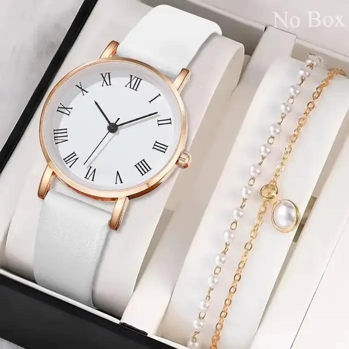 Montre à quartz analogique brillante en cuir PU pour femme, montres pour femme, cadran simple, luxe, mode, 2 pièces, ensemble