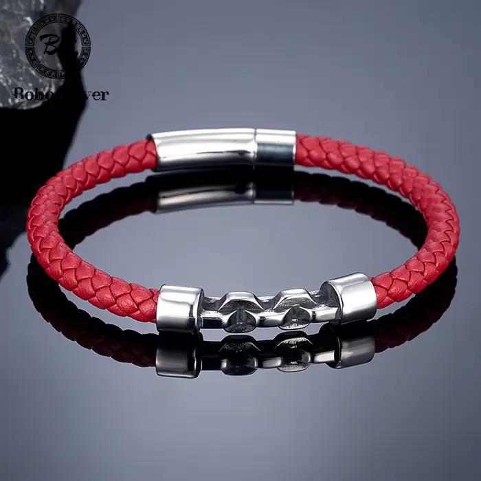 Bracelet en cuir tressé noir/rouge/bleu 6mm pour hommes, fait à la main, chaîne à maillons en acier inoxydable, bijoux Vintage, cadeaux de Couple