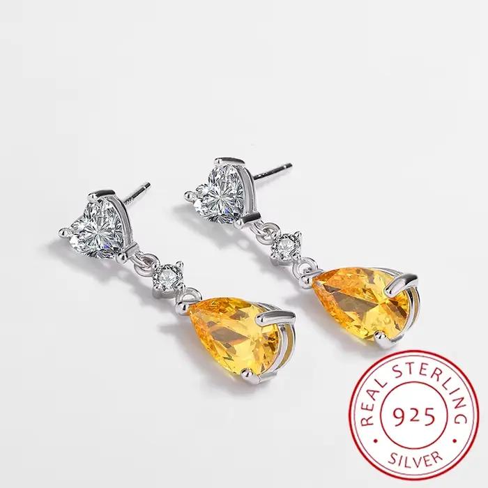 Boucles d'oreilles en topaze en forme de cœur en argent véritable S925, design de niche, pendentif e