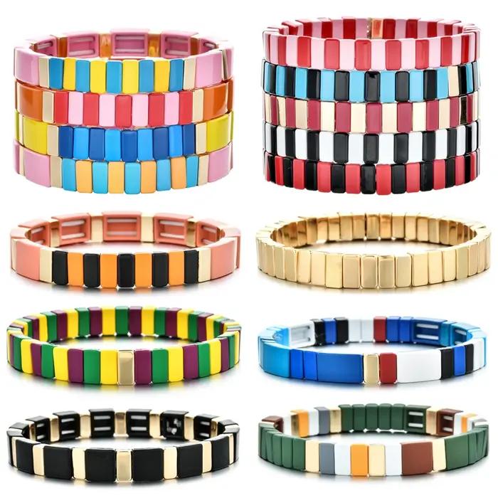 Nouveau néon arc-en-ciel Bracelet élastique émail carrelage Bracelets métal bohème Pulseras femmes mode