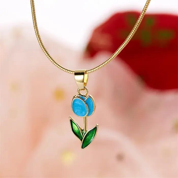 Collier pendentif fleur de tulipe en émail vintage élégant pour femme, accessoires de mode pour jeun
