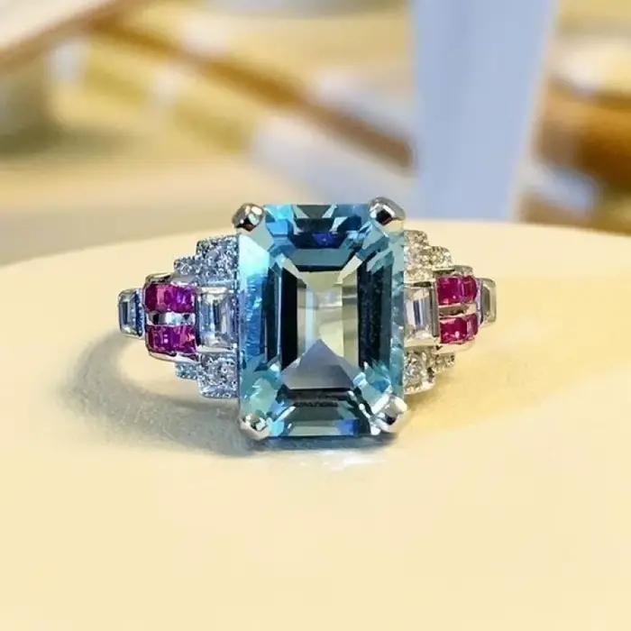 Bague en Argent Sterling 925 avec Topaze Bleue et Aigue-Marine pour Occasions Spéciales Femme Engagement