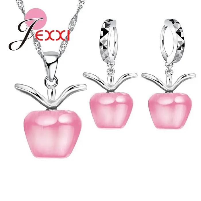 Collier pendentif en pierre d'yeux de chat de pomme en argent regardé 925, boucles d'oreilles brilla