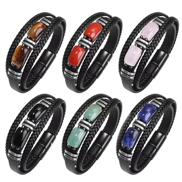 Bracelet à breloques classique pour hommes, pierre naturelle, œil de tigre, obsidienne, boucle magnétique, en cuir, bijoux cadeau pour hommes