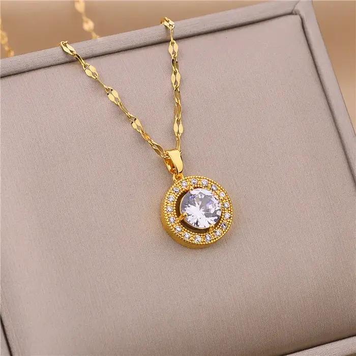 Collier en acier inoxydable serti de cristal de zircon pour femmes, style moderne, bijou luxueux pour soirées et occasions spéciales