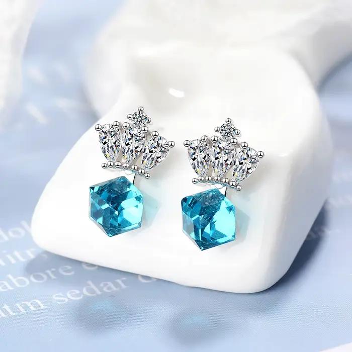 Boucles d'oreilles en argent sterling 925 serties de cristal bleu pour femmes occasions spéciales mariage anniversaire soirée festive