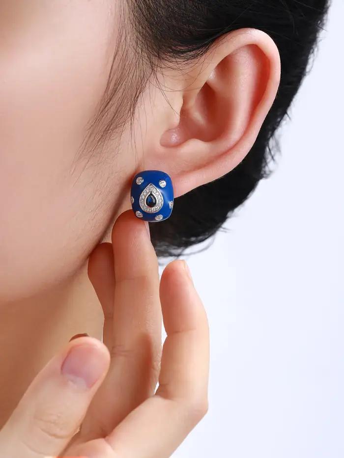 Laya-Boucles d'oreilles clip en émail bleu cristal synthétique pour femme
