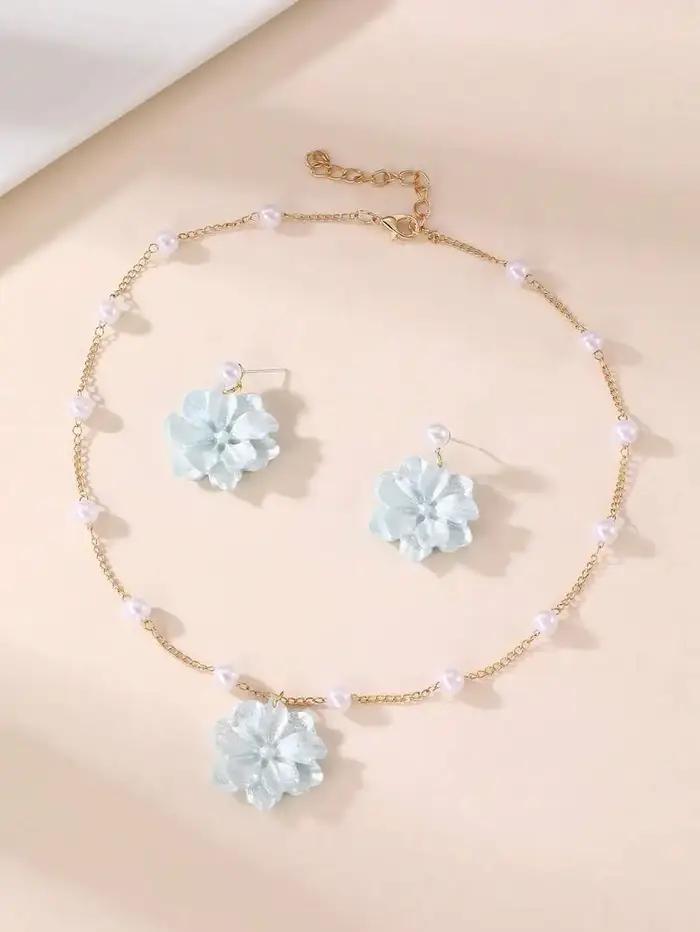 Ensemble de bijoux floraux et perlés pour filles, 3 pièces : collier et boucles d'oreilles pour tous