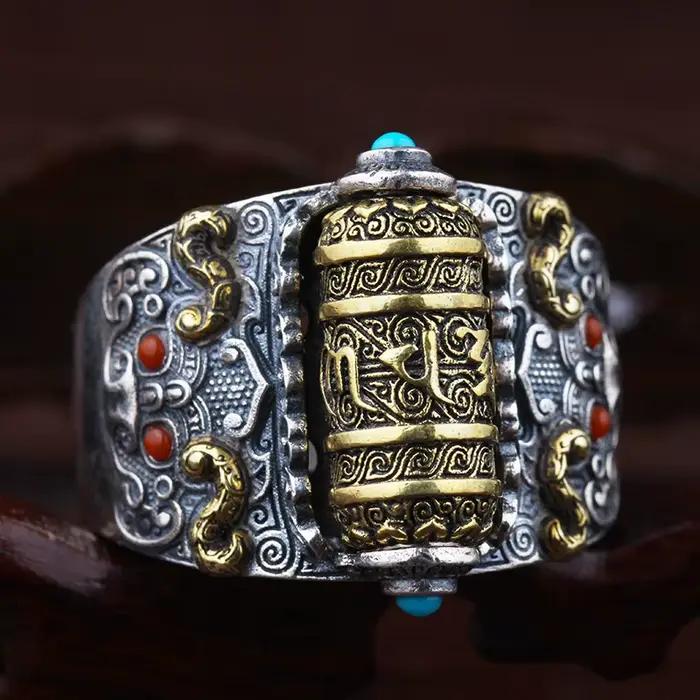 Bague d'écriture bouddhiste rétro pouvant être rotative pour hommes, bijoux de personnalité en argent 925, bague réglable pour Index masculin, Bijou