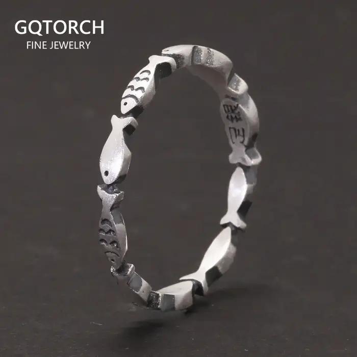 Bague de poisson de natation en argent pur 999, traitement antique 256, bijoux fins vintage pour hom