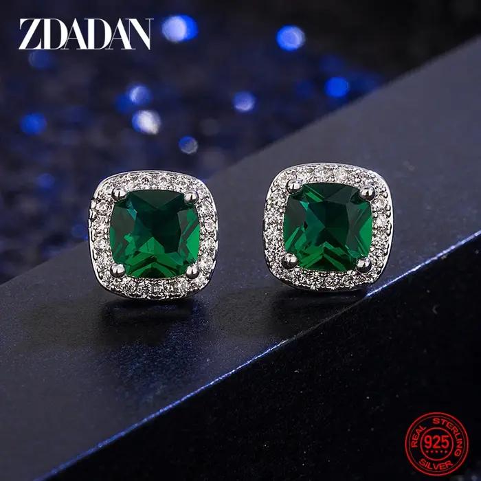 ZDADAN 925 argent Sterling 9mm carré émeraude boucle d'oreille pour les femmes bijoux de mode