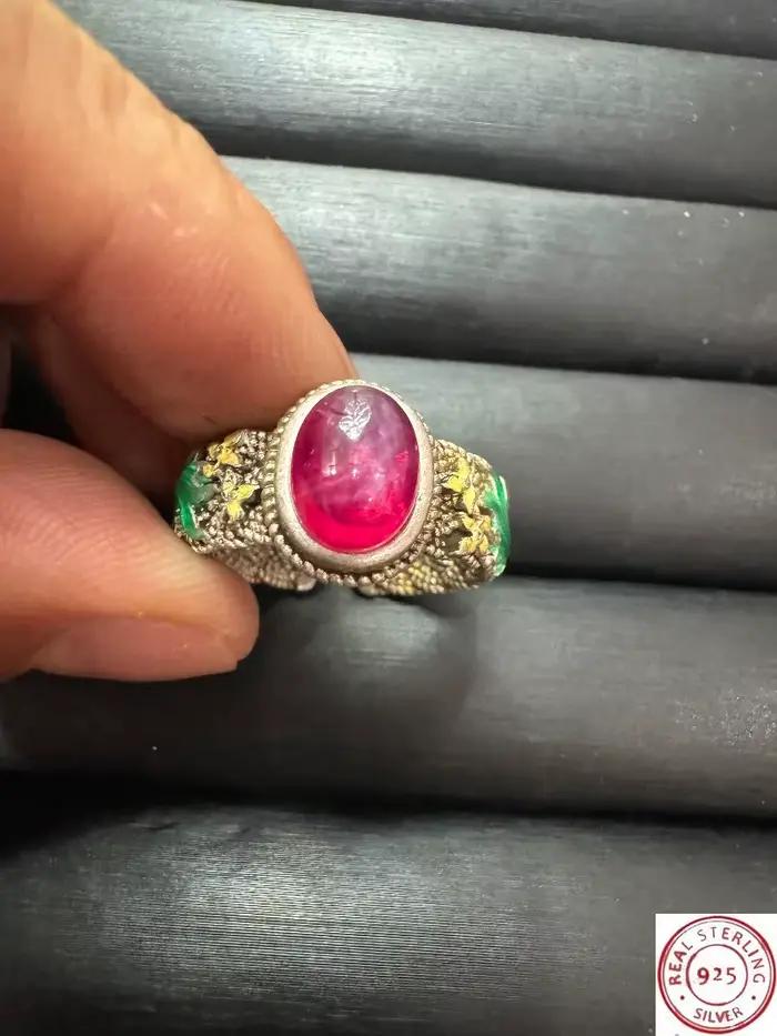 Bague tibétaine en argent cloisonné, incrustée de rubis étoilés, style ethnique rétro, bande ouverte