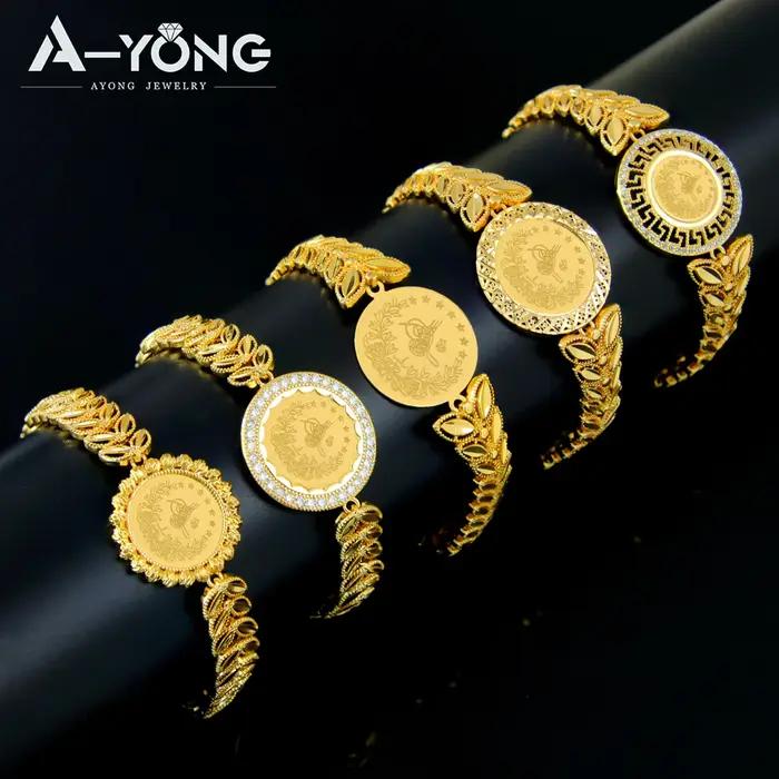 Bracelet de pièces de monnaie dorées design arabe plaqué or 21 carats breloque turque luxe pour femmes occasions spéciales mariage
