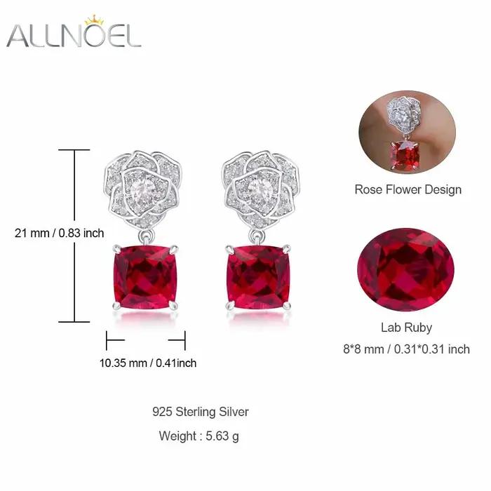 ALLNOEL 925 argent Rose fleur laboratoire rubis boucles d'oreilles pour femme