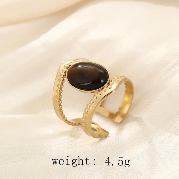 Bague rétro en acier inoxydable couleur or avec pierres