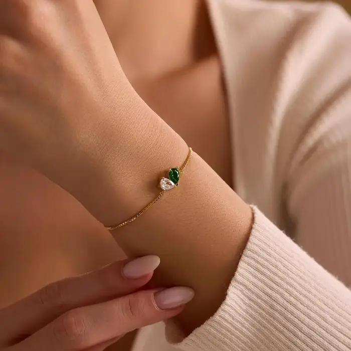 Bracelet personnalisé en pierre de naissance en forme de cœur, 2 pierres de naissance, bijoux mère et fille, cadeau de fête des mères, chaîne de boîte en acier inoxydable