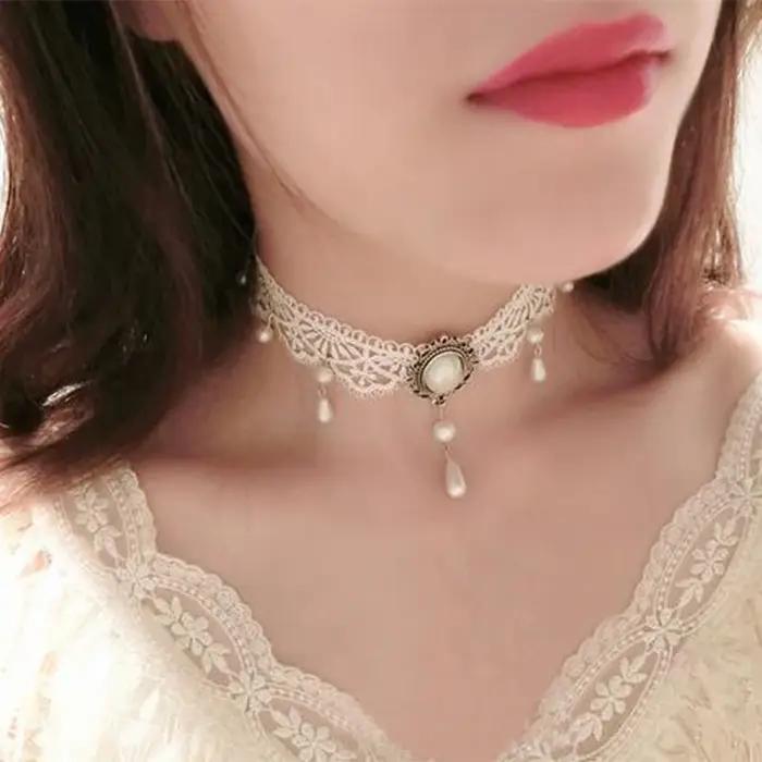 Collares mujer corchassis-Collier ras du cou en velours blanc pour femme