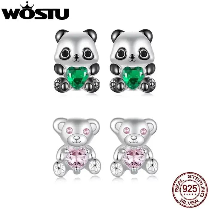 WOSTU 925 en argent Sterling belles boucles d'oreilles Panda avec coeur vert cristal ours rose boucle d'oreille de fête fille anniversaire bijoux cadeau