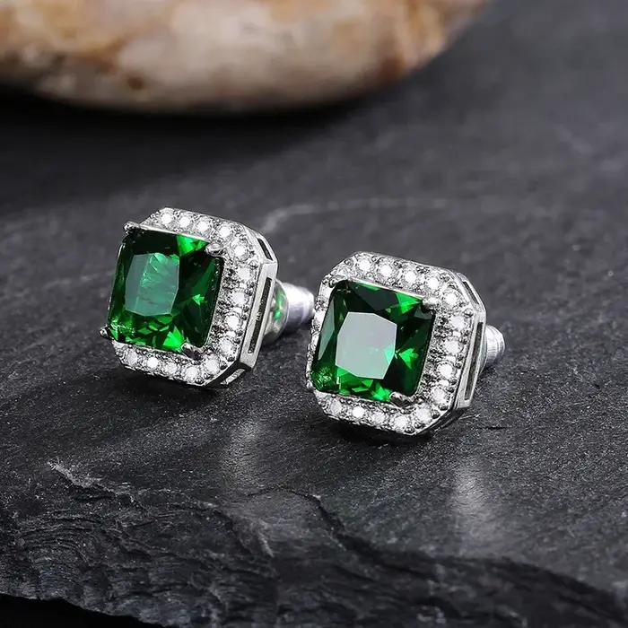 Mignon carré femme émeraude cristal vert boucles d'oreilles mode 925 en argent Sterling