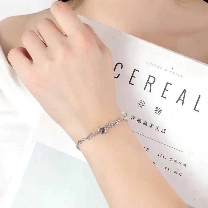 Bracelet en argent Sterling 925 avec cœur d'amour et ailes d'ange en Zircon pour femmes