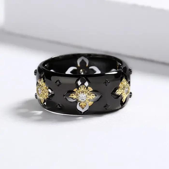 Bague en forme de croix pour femmes en or noir bicolore avec zirconium blanc pour engagement et occasions spéciales