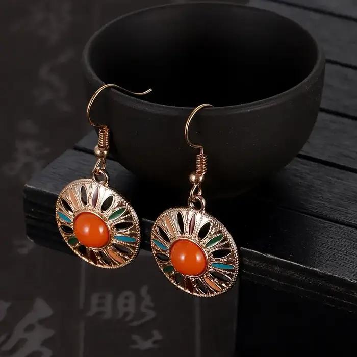 Boho Orange perle boucle d'oreille pour les femmes nouvelle mode émail fleur creux rond boucles d'oreilles Vintage charme bijoux cadeau