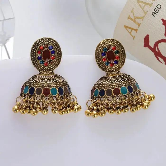 Boucles d'oreilles ethniques indiennes couleur or cloche pendantes pour dames charme multicolore cristal bohème bijoux