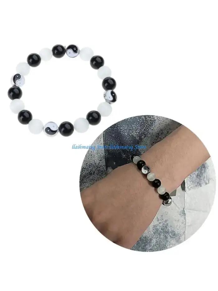 573b Naturel Stone Amitié Yin Yang Bracelet Black Agate Crystal Stone Opals Bracelet Bracelet Gift F