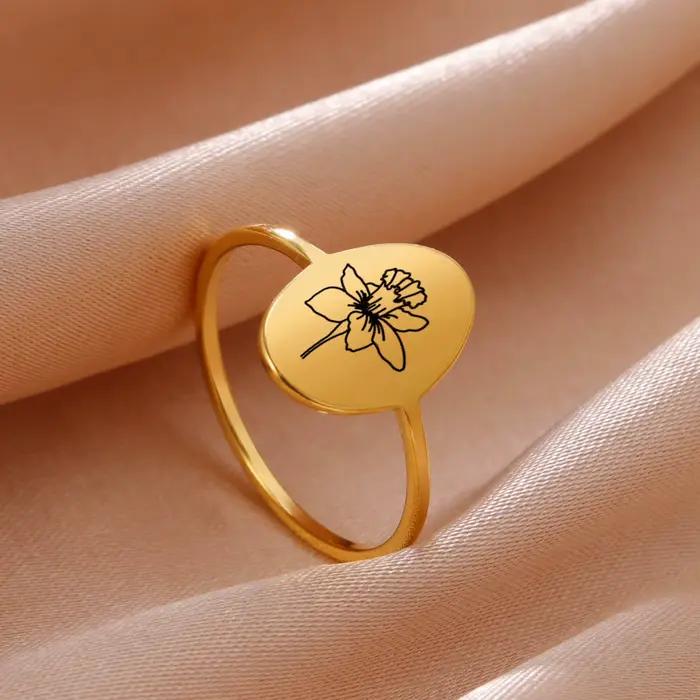 Bague naren acier inoxydable avec fleur de naissance, fleur d'Andranni détruite, bijoux d'anniversaire pour la famille et les amis, vente en gros, 2025
