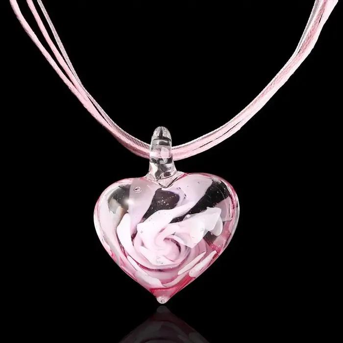 Collier Cadeau avec Ruban Incrusté, Pendentif Fleur, Pendentif Cœur en Verre