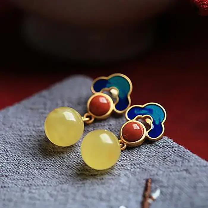 Nouveau design artisanat en or ancien incrusté de calcédoine ronde jaune naturelle haut sens dames participant à des bijoux en argent de fête