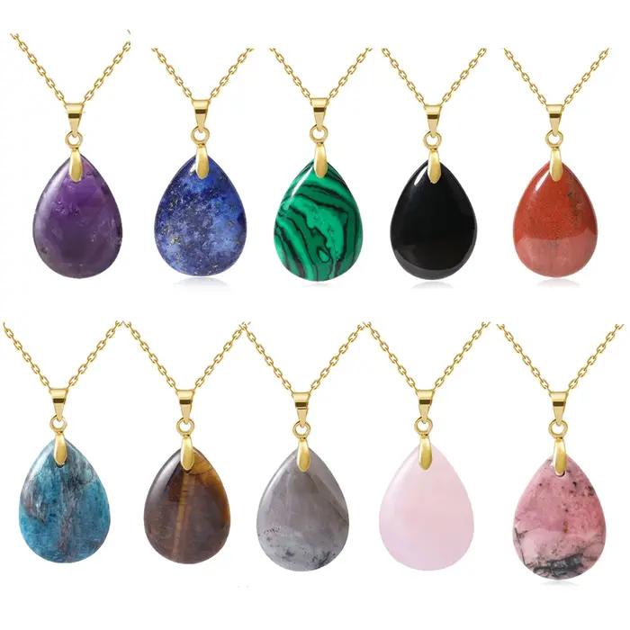 Nouveau Pendentif Goutte d'Eau en Pierre Naturelle et Cristal