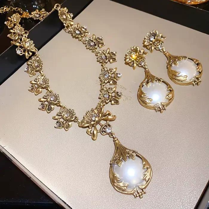 Boucles d'oreilles pendentif fleur de perle collier de luxe léger
