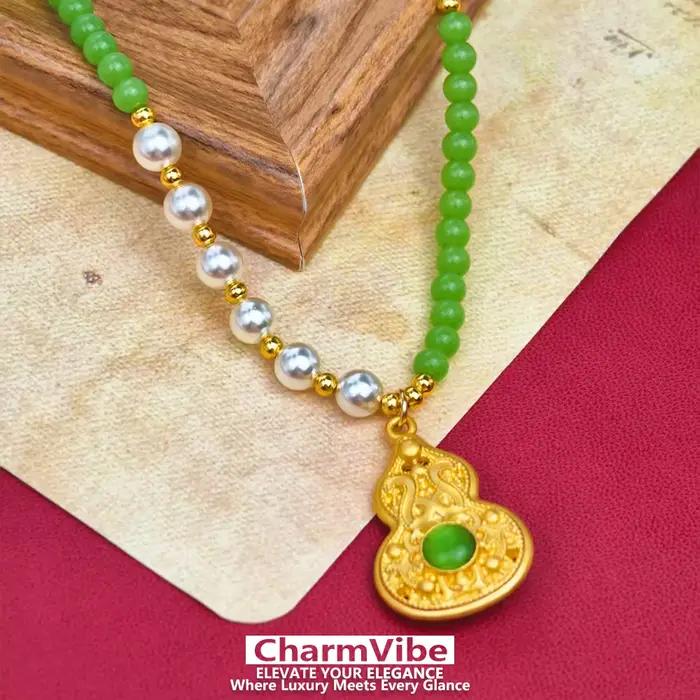 Collier en pierre verte avec pendentif gourde dorée pour femmes, bijoux vintage pour mariage et anniversaire