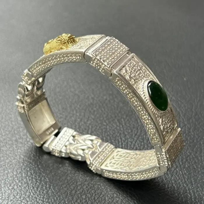 Bracelet Pixiu en argent thaïlandais fait main, incrusté de pierres vertes, bijou porte-bonheur pour