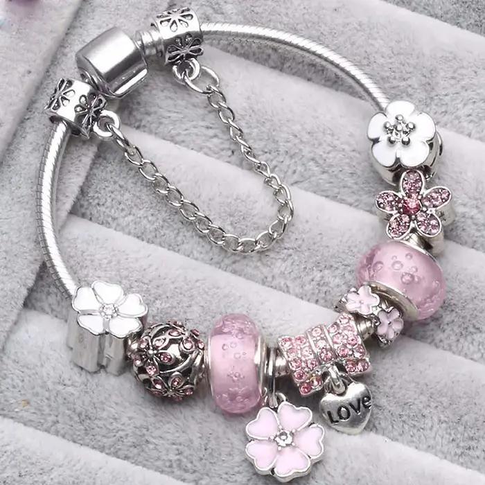 Bracelet à breloques en argent vintage pour femme perles de cristal bricolage bijoux de marque occasions spéciales anniversaire cadeau fête mariage