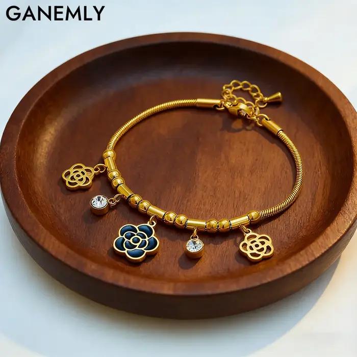 GANEMLY – Bracelet à breloques en forme de fleurs noires classiques pour femmes