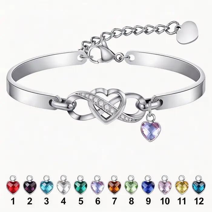 Bracelet Cœur Infini pour Femme, Jonc Ajustable en Acier Inoxydable Argenté, Bijou Breloque Pierre d