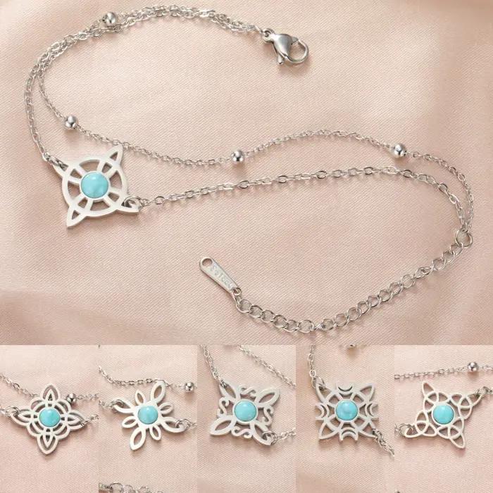 LIKGREAT-Bracelet double noeud de sorcière celtique pour femme, breloque croissant de lune, pierre bleue, acier inoxydable, bijoux, cadeau de Noël