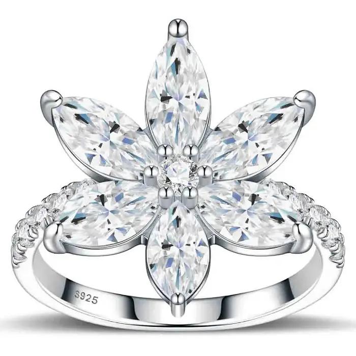 WUIHA Bague Fleur en Argent Sterling 925 avec Moissanite Véritable GRA Couleur D Taille Marquise 4 * 8 MM pour Mariage