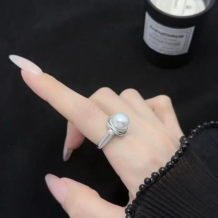 Bagues de perles blanches réglables pour femmes, bague de mariage élégante en argent véritable, cadeau d'anniversaire pour femme, alliance de mariage classique, bijoux pour occasions spéciales