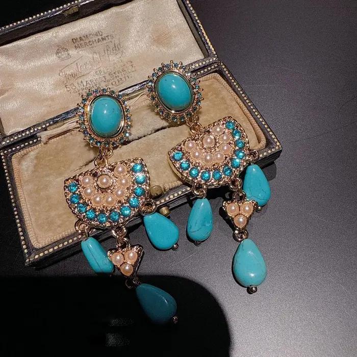 Boucles d'oreilles longues Vintage Turquoise naturelle pour femmes