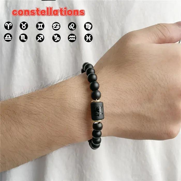 Bracelet Simple 12 Constellations pour Hommes et Femmes Motifs Étoiles Pierres Noires Accessoires de Poignet Occasions Spéciales Cadeau Astrologique