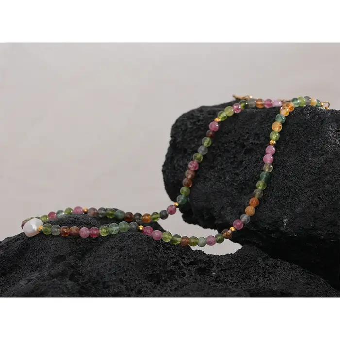 Pendentif Tourmaline Naturelle Multicolore Bijoux Luxe Femme Collier en Acier Inoxydable à la Mode Occasions Spéciales