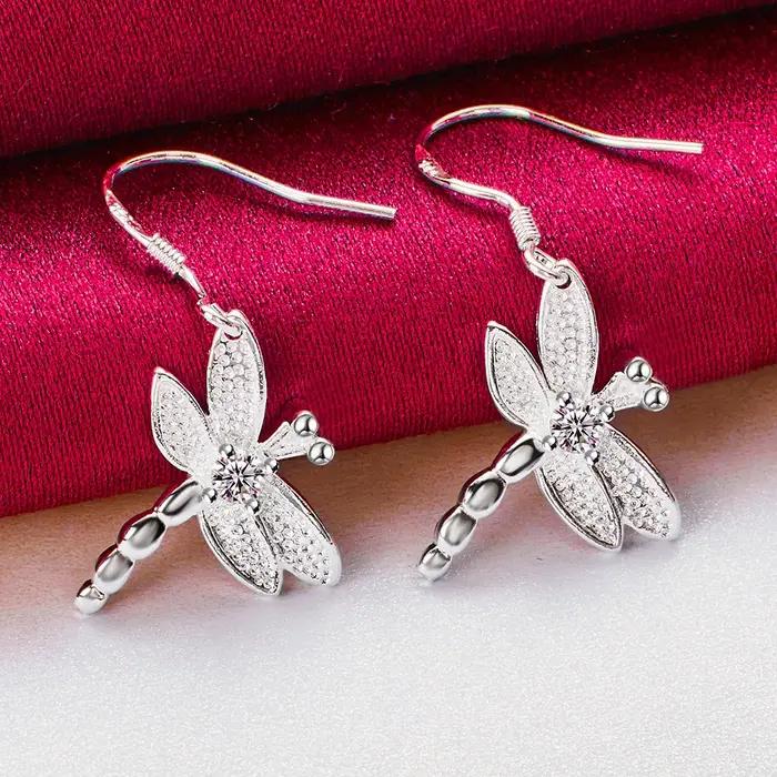 Boucles d'oreilles libellule exquises en argent Sterling 925 de luxe