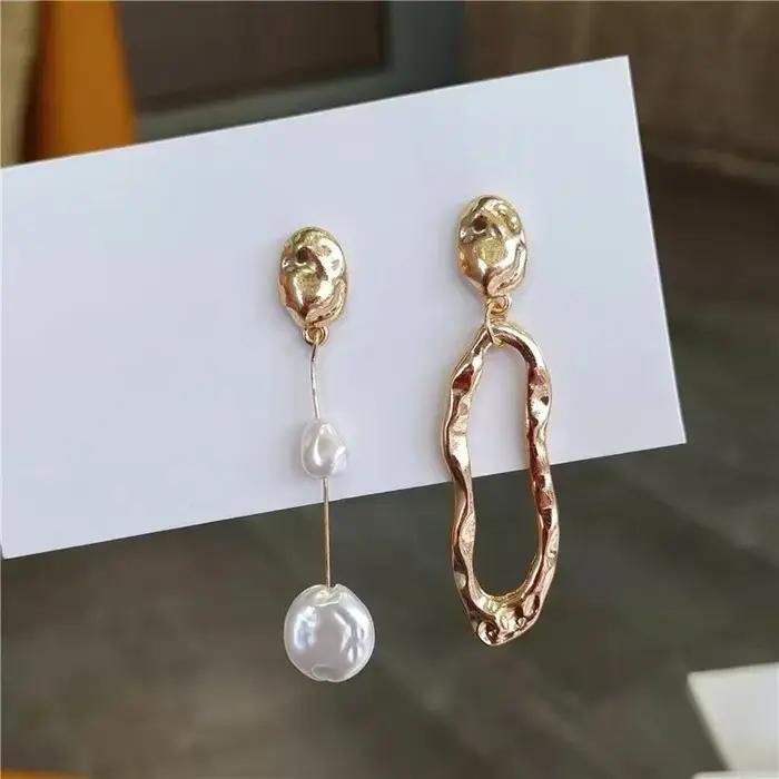 Boucles d'oreilles asymétriques élégantes pour femmes, perles métalliques, longues et exagérées, bij