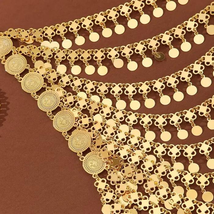 Collier Statement Multicouche en Métal Doré Style Arabe avec Pendentif Monnaie et Pompon